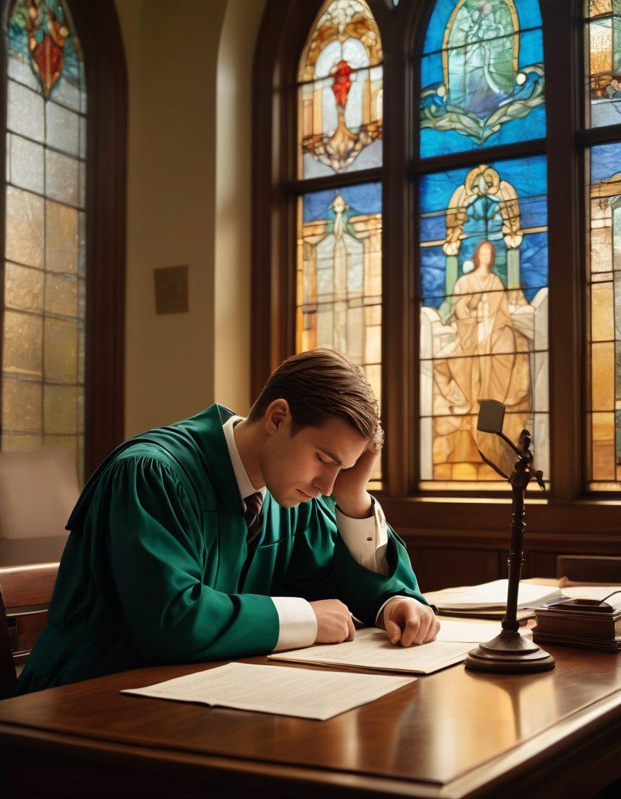 A thoughtfully designed courtroom scene depicting a person sitting at a table with legal documents, looking contemplative and concerned, while a gentle light shines through a stained-glass window, symbolizing hope. Surrounding the scene are subtle images of scales of justice and a gavel, conveying the complexity of bankruptcy. The color palette should evoke a sense of calm and seriousness, blending blues and greens. super-realistic. warm tones. soft lighting.