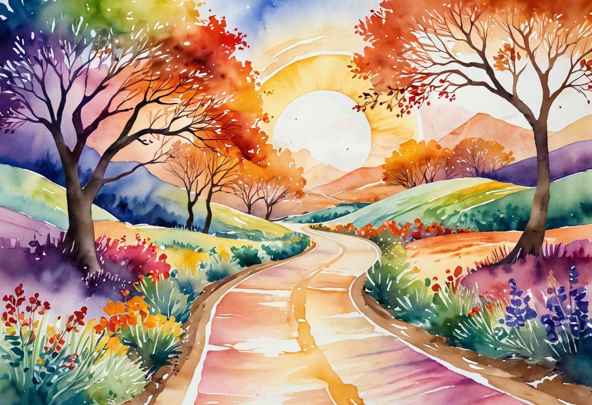 An abstract representation of a winding road through a vibrant landscape, symbolizing a journey of recovery. Include elements like open doors representing opportunities, soft hands guiding the way, and a glowing light at the end of the path. Use warm, inviting colors to evoke compassion and hope. watercolor painting. bright and uplifting.