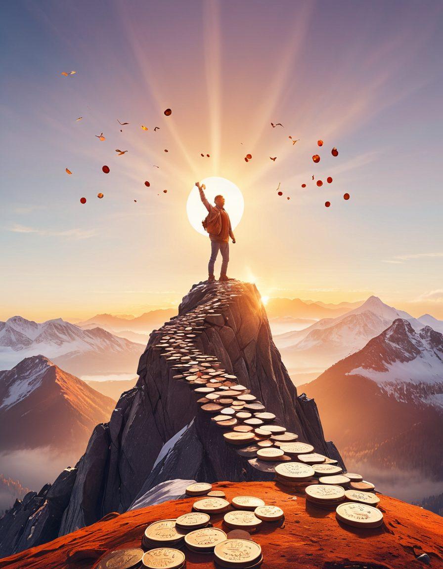 A confident individual standing atop a mountain peak symbolizing financial freedom, with a sunrise in the background representing new beginnings. Surrounding them are scattered coins and a path leading upwards with signs pointing to 'Budgeting', 'Investing', and 'Saving'. The color palette should be warm and inviting, embodying hope and empowerment. super-realistic. vibrant colors. white background.